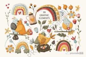 花&鸟元素春季花卉插画素材【0409】-procreatechahua