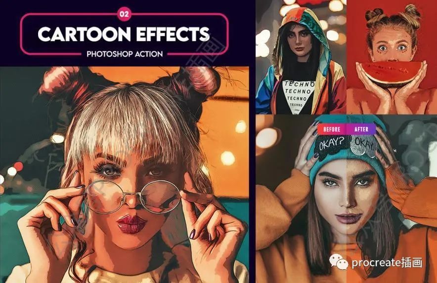 图片[2]-将人物照片处理成卡通数字绘画效果的PS动作插件【0432】-procreatechahua