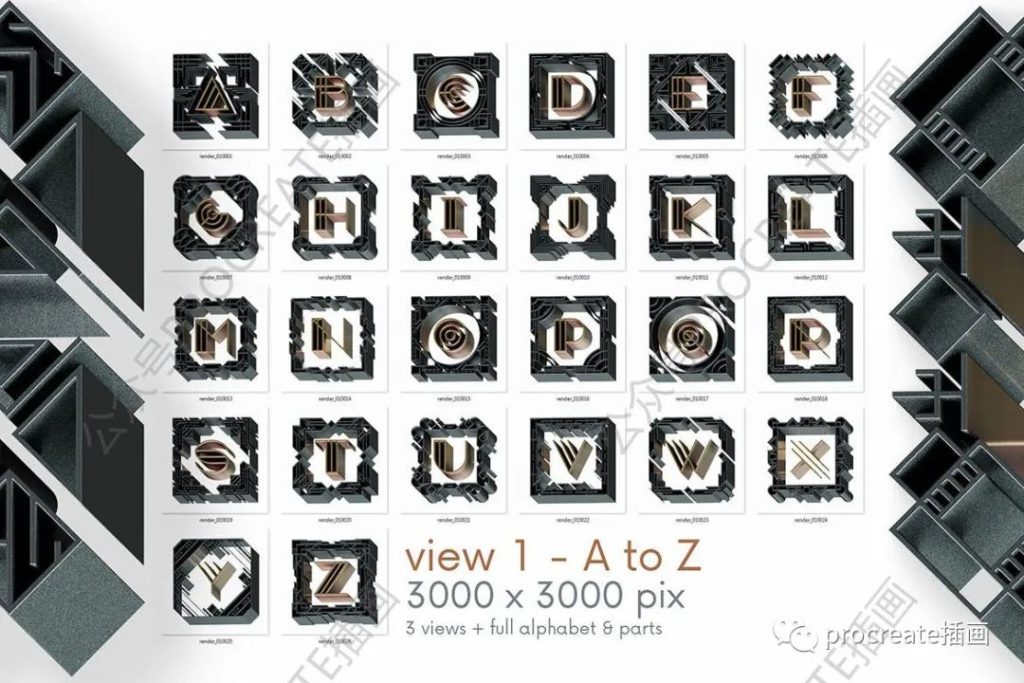 图片[11]-Artdeco风格的3D立体英文字体【0391】-procreatechahua