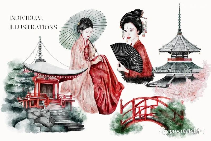 图片[12]-日本风格日式元素的手绘水彩插画png素材包【0528】-procreatechahua