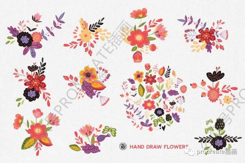 色彩鲜艳的手绘扁平风格的花朵矢量插画素材【0456】-procreatechahua