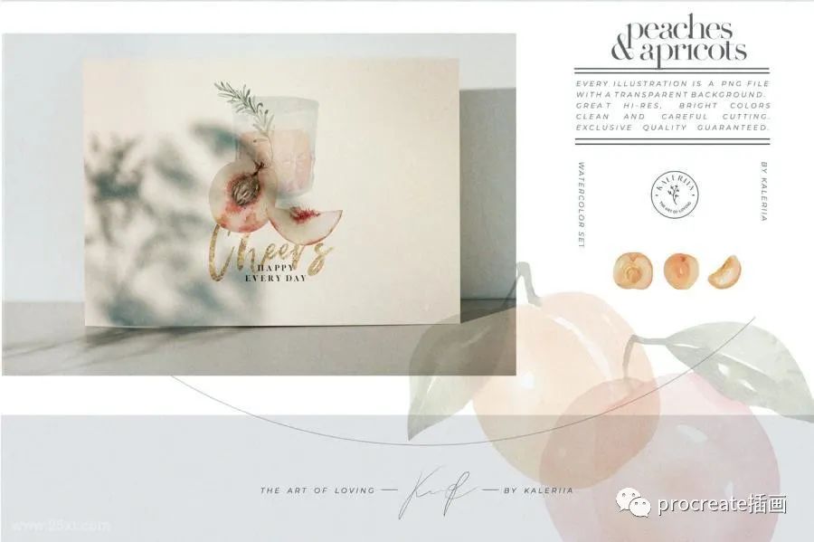 图片[3]-桃子和杏子夏日水彩插画素材【0516】-procreatechahua