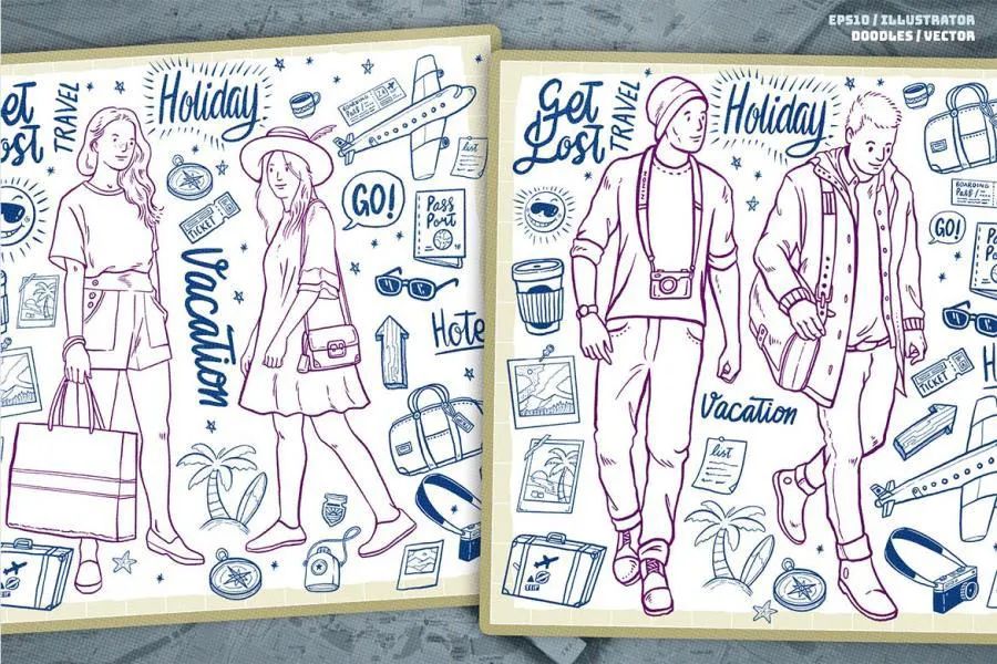 图片[3]-手绘线条涂鸦风格的假日旅游主题元素单色拼贴画矢量素材【0731】-procreatechahua