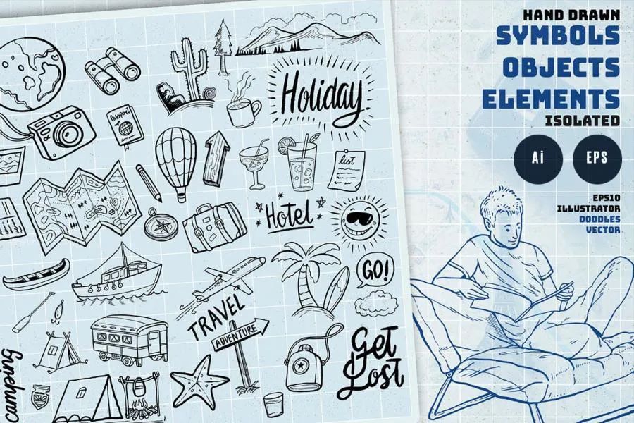 图片[4]-手绘线条涂鸦风格的假日旅游主题元素单色拼贴画矢量素材【0731】-procreatechahua