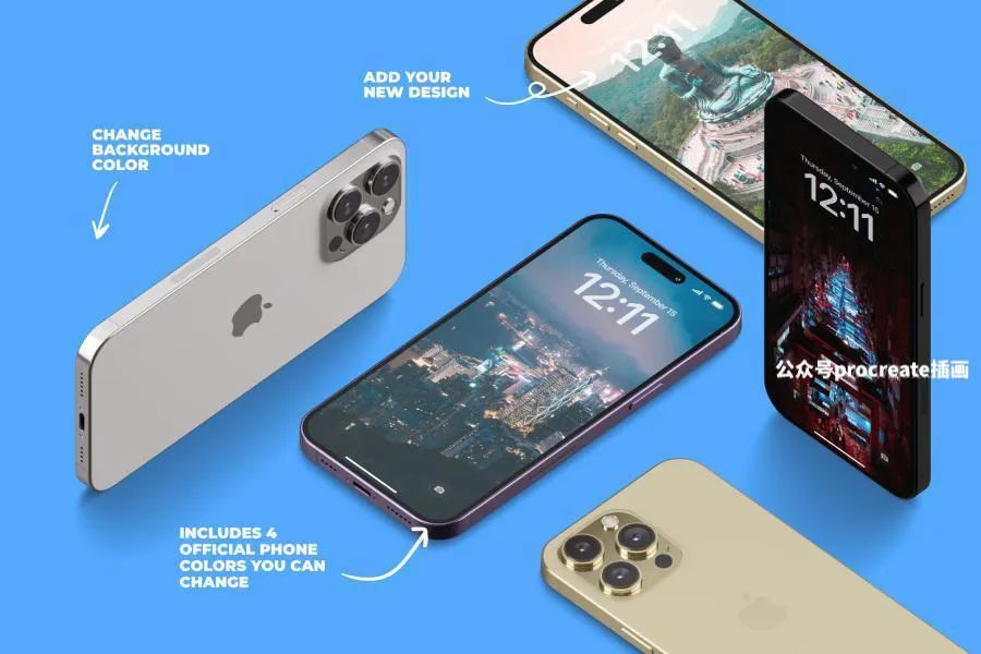 图片[5]-iPhone 14 Pro Max等距视角手机模型展示的psd贴图样机模板【0804】-procreatechahua