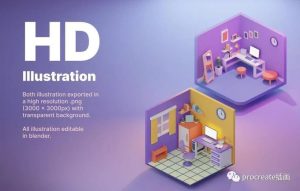 卡通趣味的办公空间3d立体插画模型素材【0477】-procreatechahua