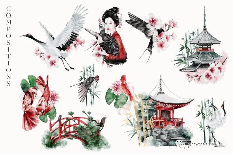 图片[1]-日本风格日式元素的手绘水彩插画png素材包【0528】-procreatechahua