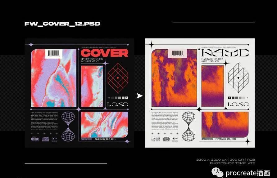 图片[1]-大胆艺术风格的音乐唱片专辑封面设计模板【0531】-procreatechahua