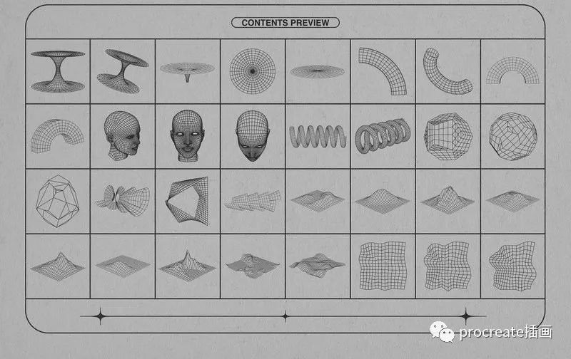 图片[1]-潮流酸性风格的抽象几何线框矢量形状素材包【0547】-procreatechahua