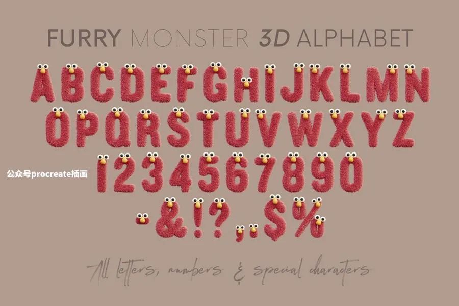 图片[6]-3D渲染毛绒质感可爱俏皮的卡通毛怪英文装饰字体【0717】-procreatechahua