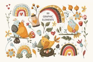 卡通手绘可爱的春天花鸟主题矢量插画素材【0561】-procreatechahua