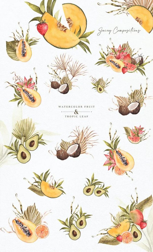图片[1]-热带水果和树叶的PNG水彩插画素材【0610】-procreatechahua