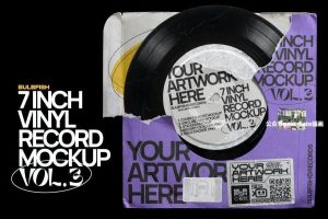 7英寸的黑胶唱片全息贴纸撕边音乐专辑周边模型样机素材【0720】-procreatechahua