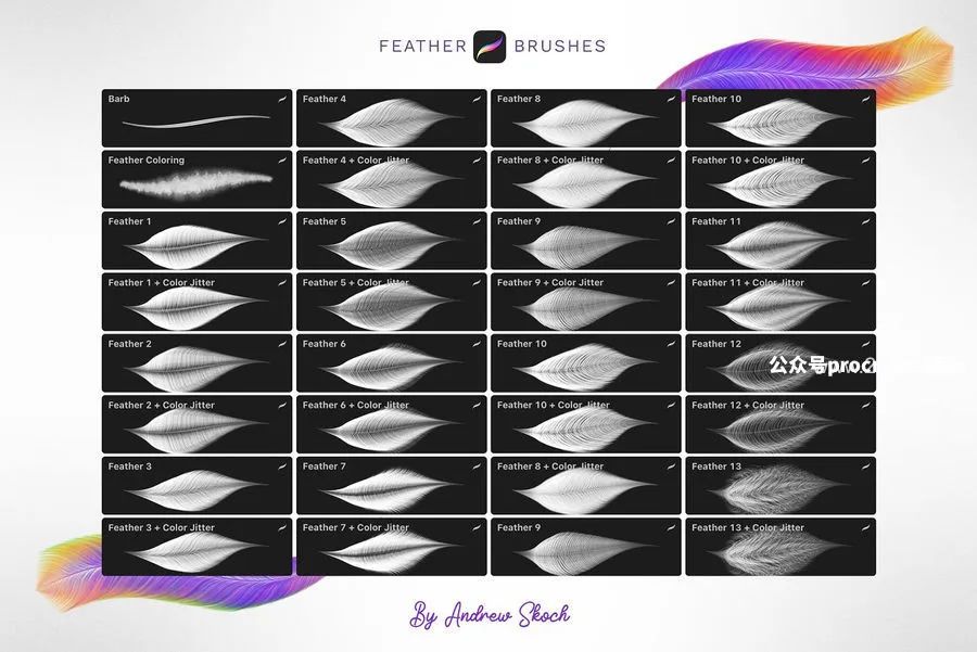 图片[9]-细腻逼真的梦幻羽毛形状Procreate图案笔刷【0771】-procreatechahua