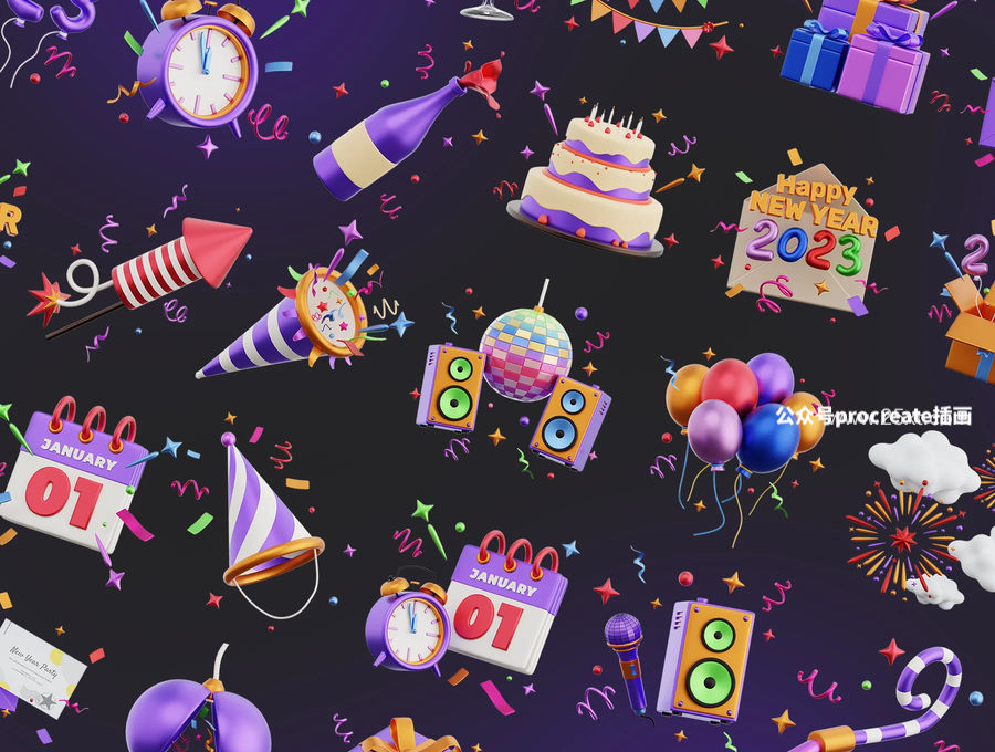 图片[5]-新年庆祝主题派对尾牙宴的3d立体插画模型素材【0824】-procreatechahua