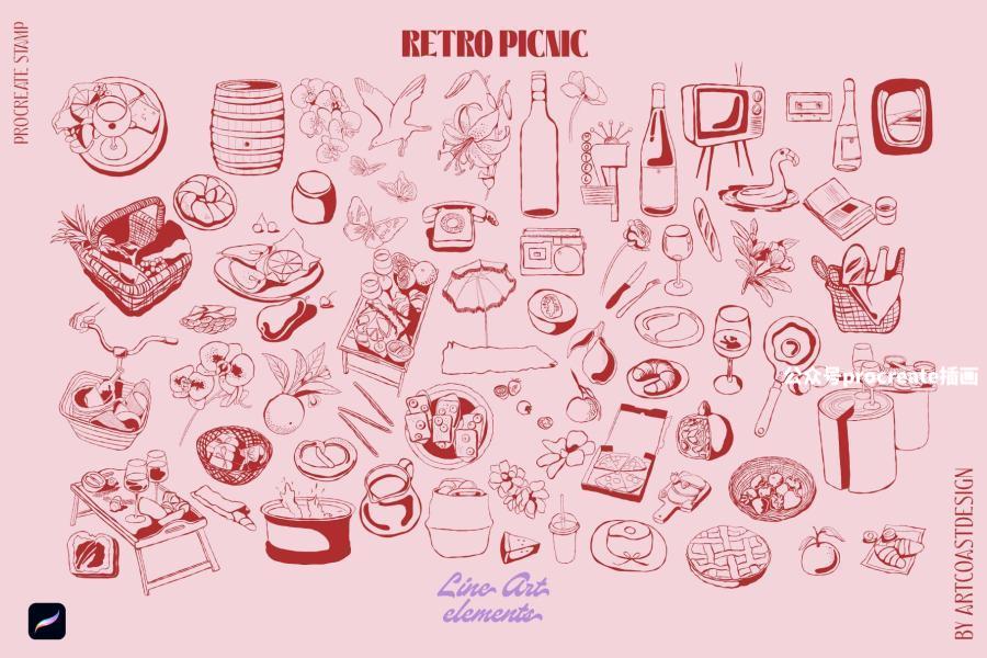 图片[2]-复古精美的野餐邮票主题图案印章Procreate笔刷【0969】-procreatechahua