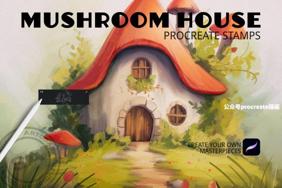 图片[1]-卡通蘑菇屋主题线条图案Procreate笔刷【0982】-procreatechahua