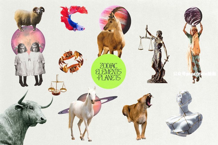 图片[1]-复古怪诞美学的自然占星元素拼贴叠加图片免抠图素材【1041】-procreatechahua