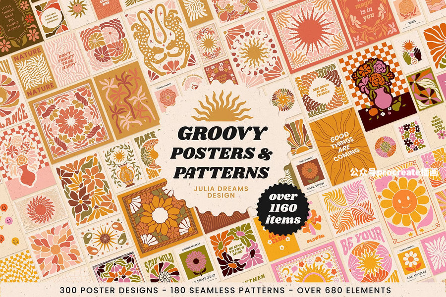 一套70年代波西米亚风格的抽象Groovy迷幻海报和花卉纹理图案素材包【1052】-procreatechahua