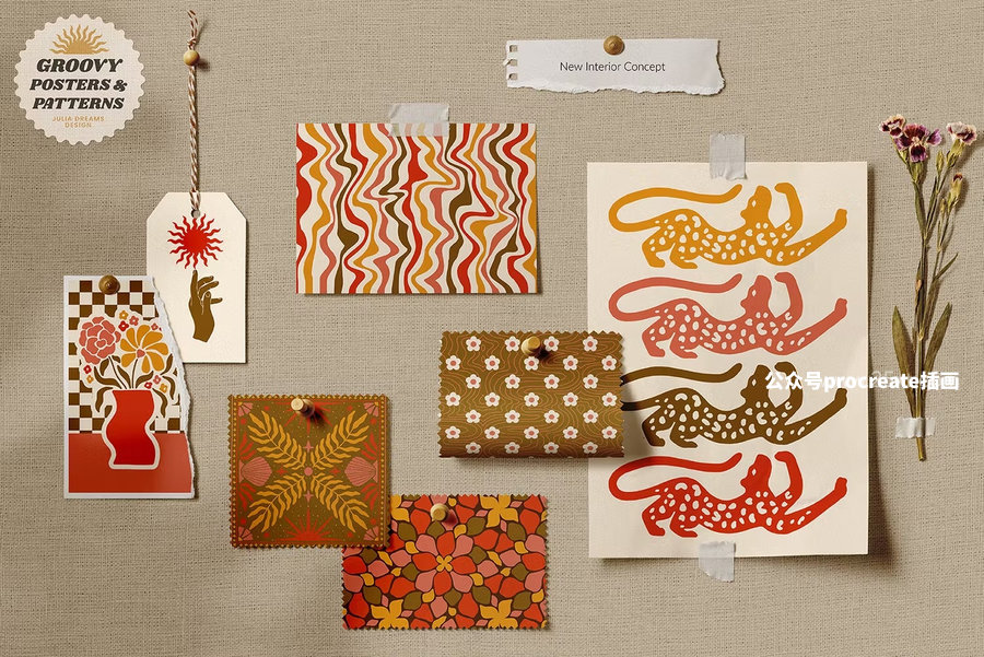 图片[4]-一套70年代波西米亚风格的抽象Groovy迷幻海报和花卉纹理图案素材包【1052】-procreatechahua