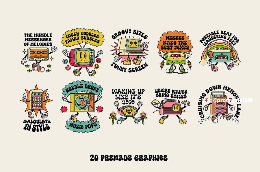 图片[6]-70 年代复古有趣的科技设备卡通拟人化形象插画素材【1051】-procreatechahua