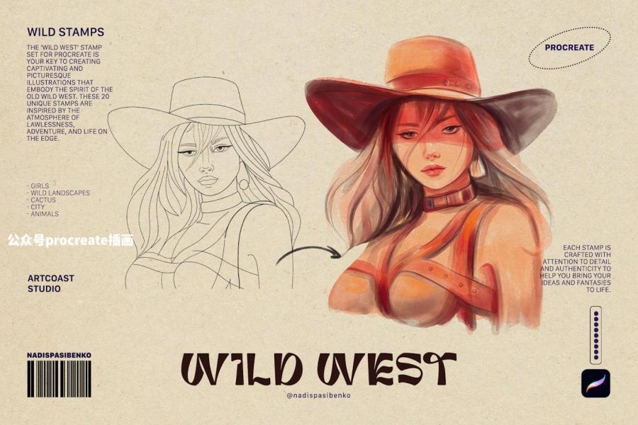 图片[2]-西部牛仔主题的线条插画图案Procreate笔刷【1044】-procreatechahua