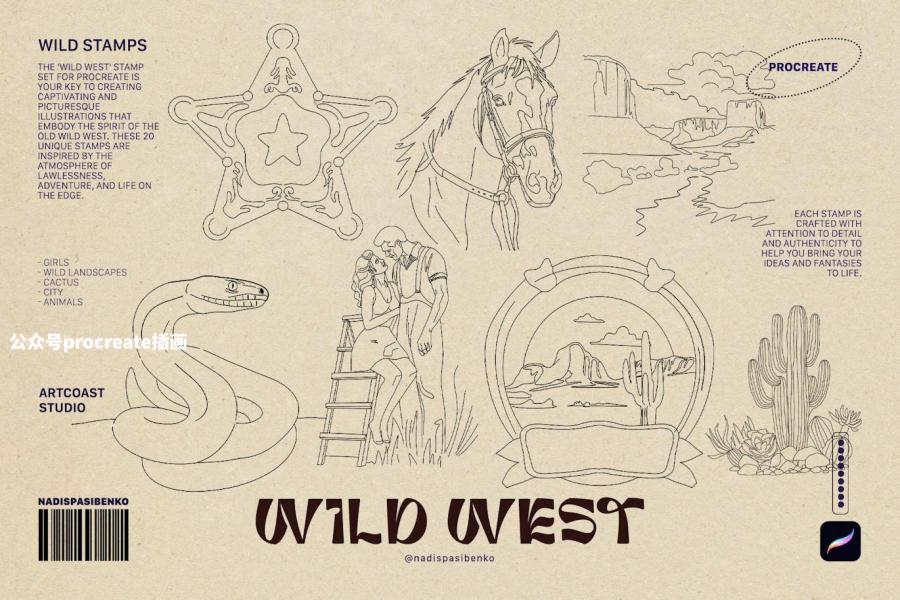 图片[3]-西部牛仔主题的线条插画图案Procreate笔刷【1044】-procreatechahua
