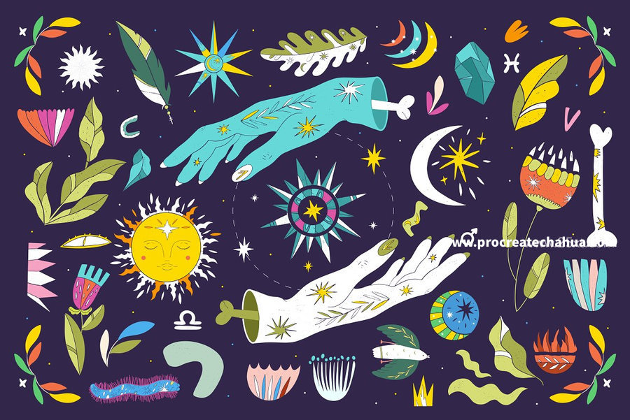 图片[4]-星座花卉魔法主题的手绘风格彩色矢量插画素材【1059】-procreatechahua