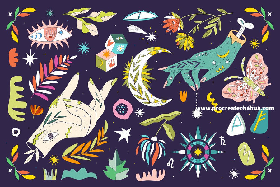 图片[1]-星座花卉魔法主题的手绘风格彩色矢量插画素材【1059】-procreatechahua