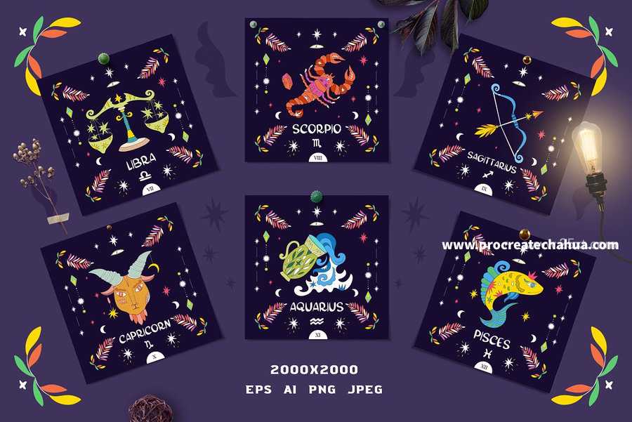 图片[11]-星座花卉魔法主题的手绘风格彩色矢量插画素材【1059】-procreatechahua