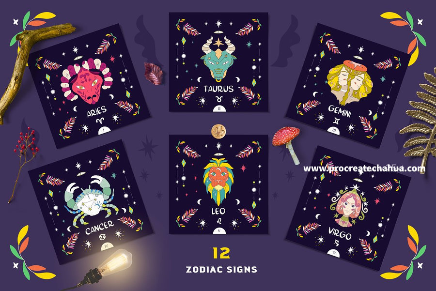 图片[9]-星座花卉魔法主题的手绘风格彩色矢量插画素材【1059】-procreatechahua