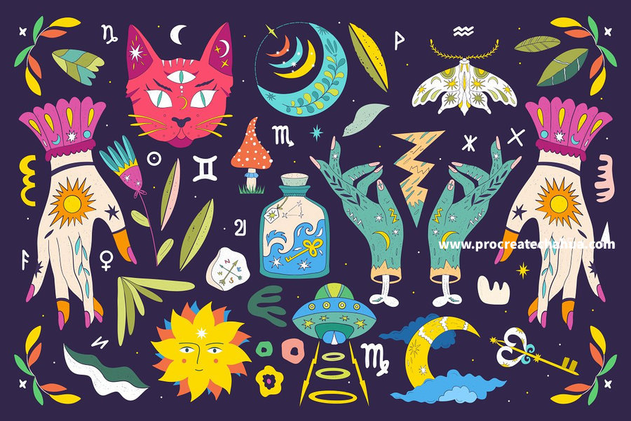 图片[10]-星座花卉魔法主题的手绘风格彩色矢量插画素材【1059】-procreatechahua