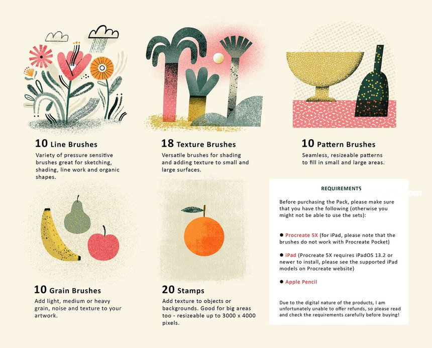 图片[1]-精美插画设计必备的Procreate线条纹理图案笔刷 【1092】-procreatechahua