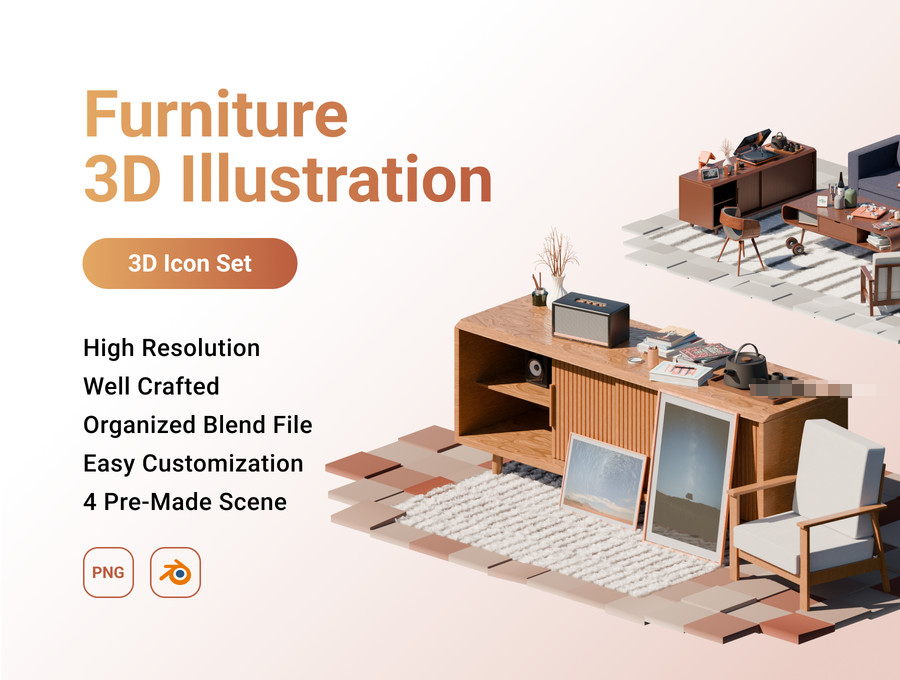 室内家具组合场景的3d立体插画blender模型【1188】-procreatechahua